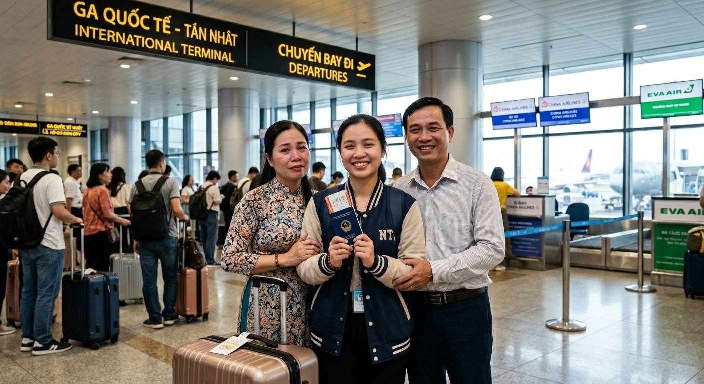 Vietnamese student at airport departing for study in Taiwan