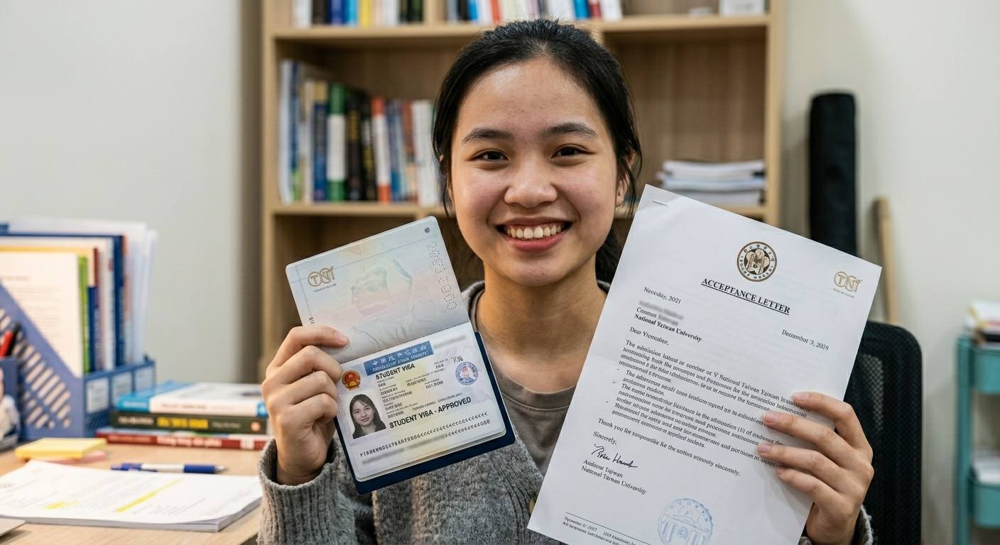Student proudly holding approved Taiwan student visa