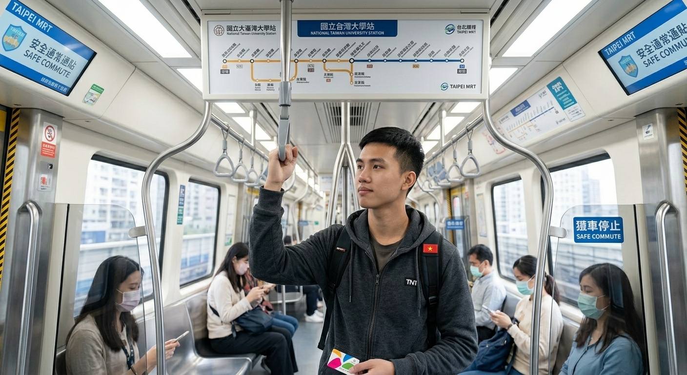 Vietnamese student commuting safely in Taiwan on MRT